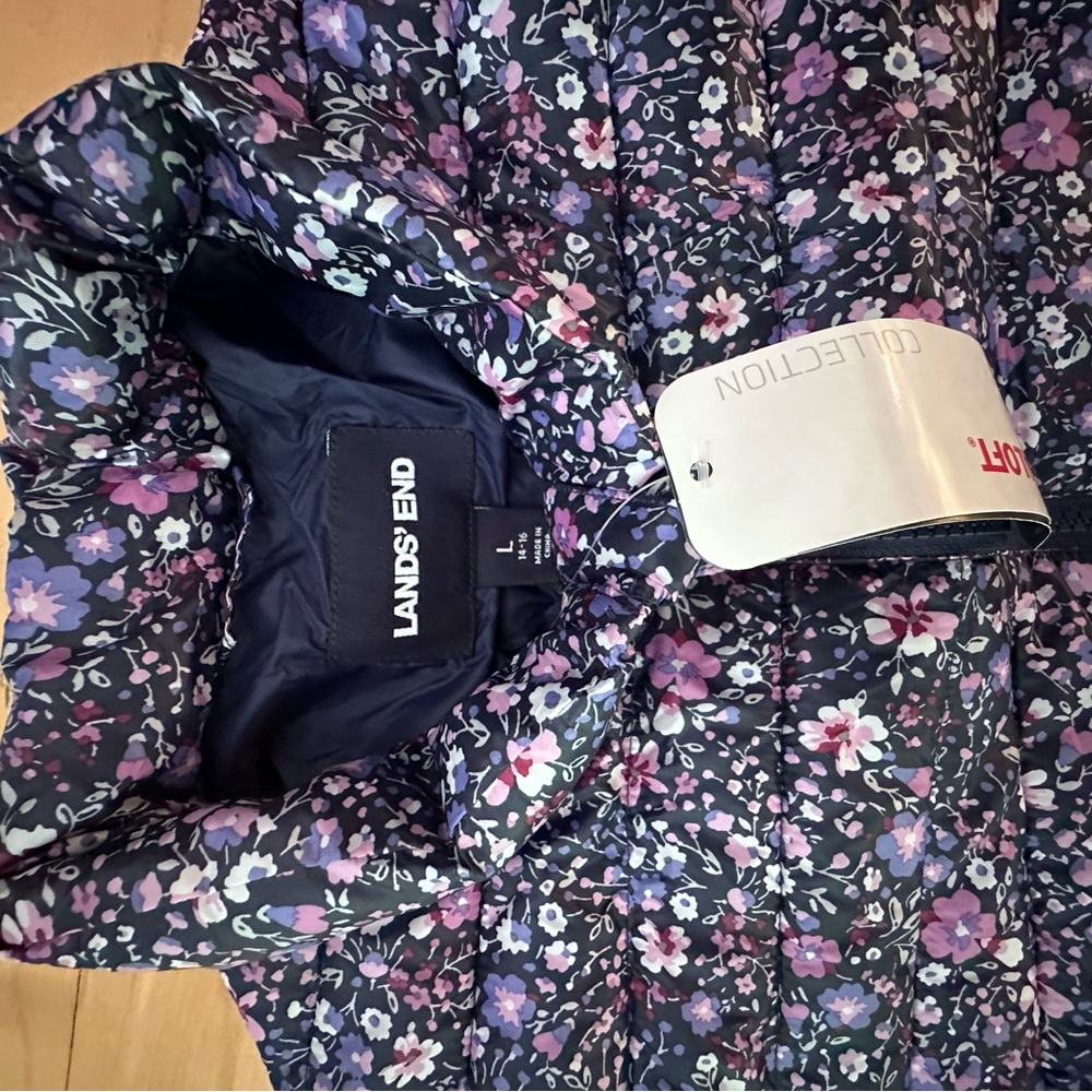 LANDS END Kids ThermoPlume Packable Jacket NWT Purple Floral L(14-16)
